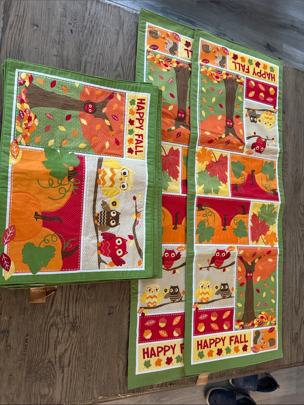 Happy Fall Autumn Owl & Pumpkin Table Runner and Placemats - Green/Orange/Red